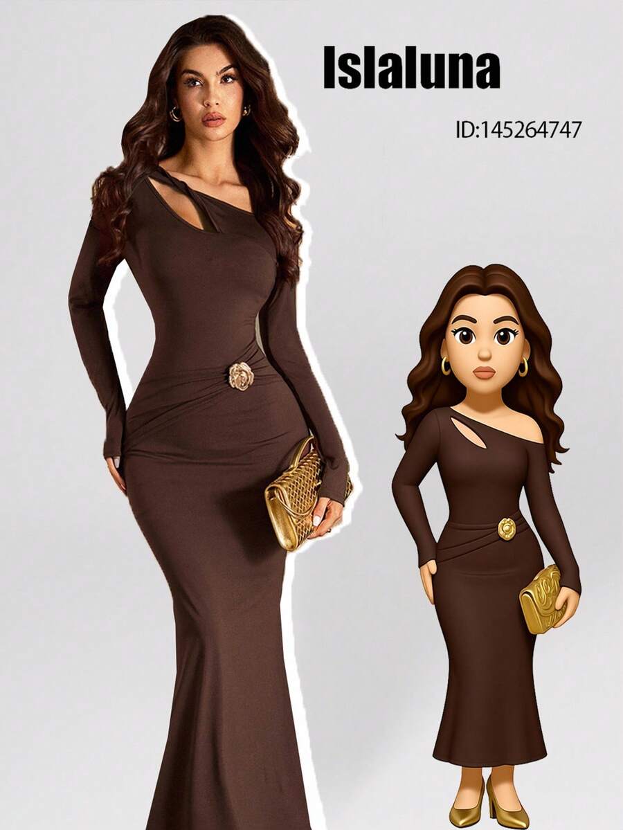 Rafferiza Women Summer Dark Brown Autumn Elegant Dining Long Maxi Dress, Off-Shoulder Hollow Shirred Cinched Waist Long Sleeve Party Graduation S - Coffee Brown - View 1