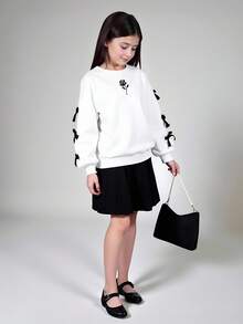 Ontre Tween Girl Bow Decor Crew Neck Long Sleeve Sweatshirt,In Fall/Winter - White - View 1