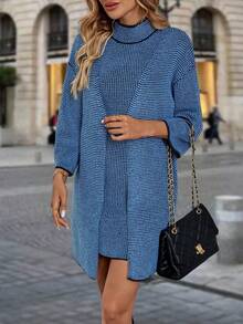 EMERY ROSE 女式纯色长袖长开衫和立领无袖针织连衣裙优雅两件套，秋季 - 彩色 - 查看 6