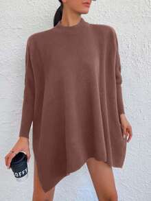 SHEIN Cottnline Casual Solid Color Batwing Sleeve Side-Slit Sweater, Autumn/Winter - Rusty Rose - View 3