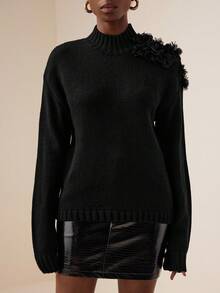 Vesra Women's Casual Solid Color Applique Drop Shoulder Sweater, Autumn/Winter - Black - View 4