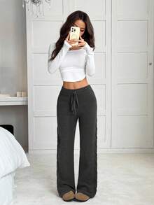 EURMUSE Women's Solid Color Casual Lace-Up Chunky Knit Sweater And Wide Leg Pants Set - Dark Grey - View 6