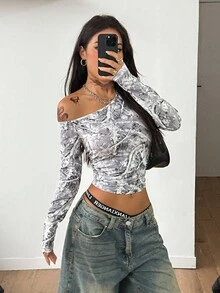 Coolane 女士秋冬音乐会日常穿搭必备树枝图案针织弹力舒适不对称领长袖上衣 - 彩色 - 查看 4