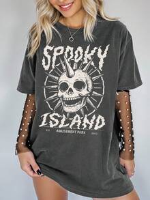 SHEIN LUNE Plus Size Casual Skull & Letter Print T-Shirt, Summer - Dark Grey - View 1