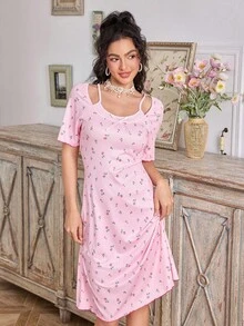 CottageSlumber Women's Romantic Cute Pink Ditsy Floral 2 In 1 Short Sleeve Soft & Comfortable Nightgown - Pink - View 3