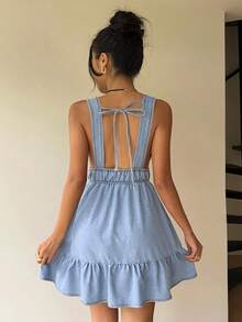 Aloruh 女式牛仔无袖迷你连衣裙，休闲修身，蓝色 - 中等水洗藍 - 查看 2