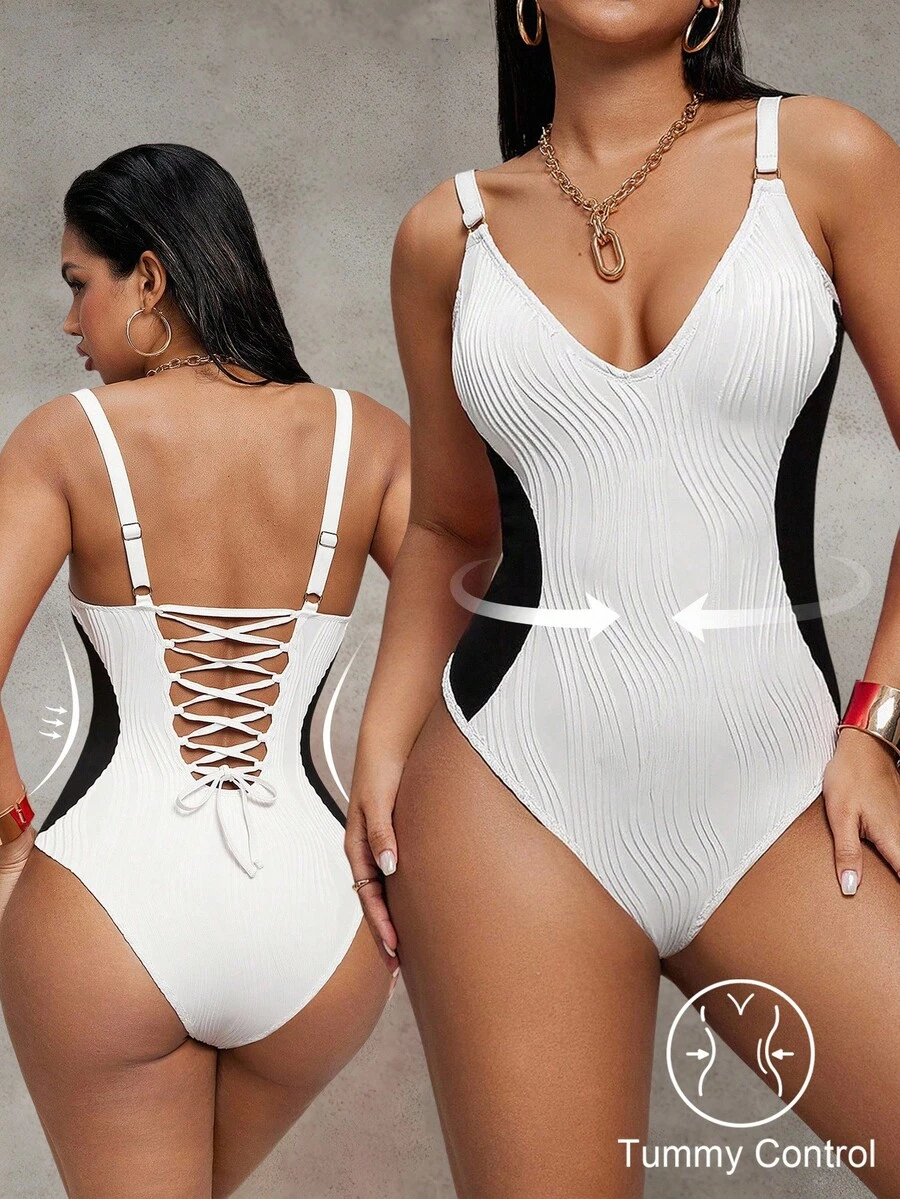 Shapewave 女士夏季沙滩V领收腹连体泳衣 - 黑色 - 查看 1