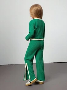 SHEIN 2pcs/Set Young Girl Beige Patchwork Green Contrast Color Casual Top And Flared Leg Pants Set,Softautumncolorpalette,Familymatching Ribbed Knit Outfit - Multicolor - View 2