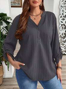 EMERY ROSE Blouse décontractée à col cranté et manches retroussées, couleur unie, grande taille, vêtements d'hiver