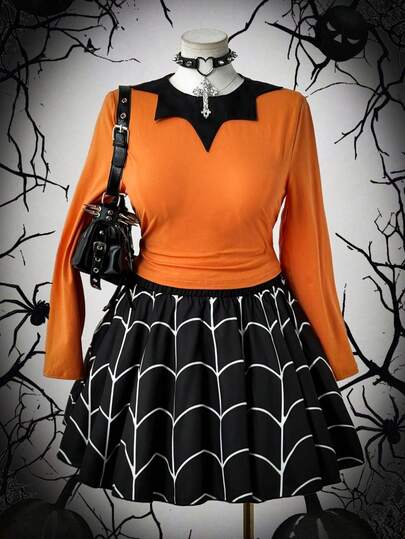 Sweetra 万圣节不对称领短款上衣和高腰蜘蛛网印花裙两件套