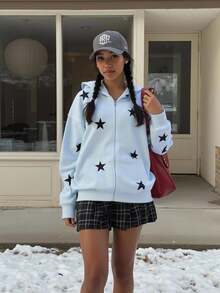 SHEIN 新款流行星形图案宽松拉链女式卫衣 - 藍色 - 查看 5
