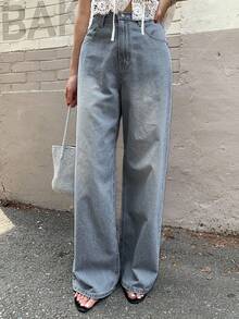 DAZY Striped Drawstring Wide Leg Straight Jeans, Versatile & Loose - Light Wash - View 3