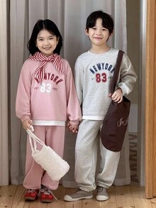Genkimix Kids 2pcs/Set Girls Graphic Print Loose Fit Sweatshirt And Sweatpants Matching Sibling Outfit Fall Winter - Pink - View 3