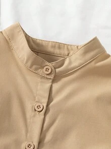 青少年女孩纯色单排扣背心、衬衫和迷你裙休闲装 - 卡其色 - 查看 7