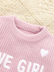 SHEIN 女童甜心字母刺绣圆领长袖毛衣 - 粉色 - 查看 4