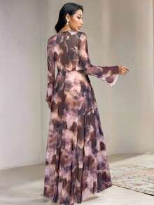 Veilorie 女士时尚优雅扎染印花连衣裙 - 紫色 - 查看 2