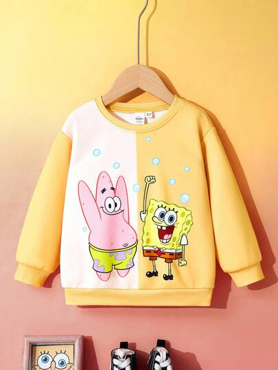 SpongeBob SquarePants | SHEIN Young Boy Casual Cartoon Pattern Colorblock Crew Neck Long Sleeve Loose Pullover Sweatshirt Fall Winter