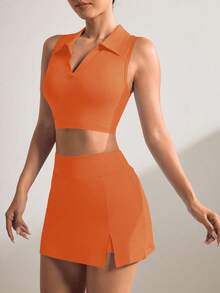 Bộ đồ thể thao áo ba lỗ ngắn màu trơn và quần short váy ngắn - trái cam - Xem 6