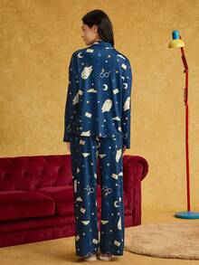 HARRY POTTER X SHEIN Women Cartoon Cat & Owl Print Button Front Long Sleeve Top And Pants Lounge Set, Fall Winter Clothes, Cozy Outfit