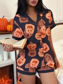Set Piyama Wanita Kemeja Lengan Pendek dan Celana Pendek Motif Halloween - MultiWarna - View 5