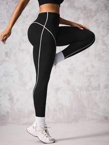 Rhythm Era 1 件女式加大码撞色条纹宽腰带跑步、健身、瑜伽、运动紧身裤 - 黑與白 - 查看 3