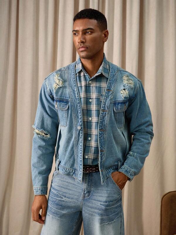 Manfinity Homme Plus Size Men's Light Blue Distressed Ripped Denim Jacket, Fall