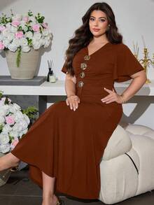 Modelyn 纯色修身V领紧身迷你连衣裙 - 棕色 - 查看 7