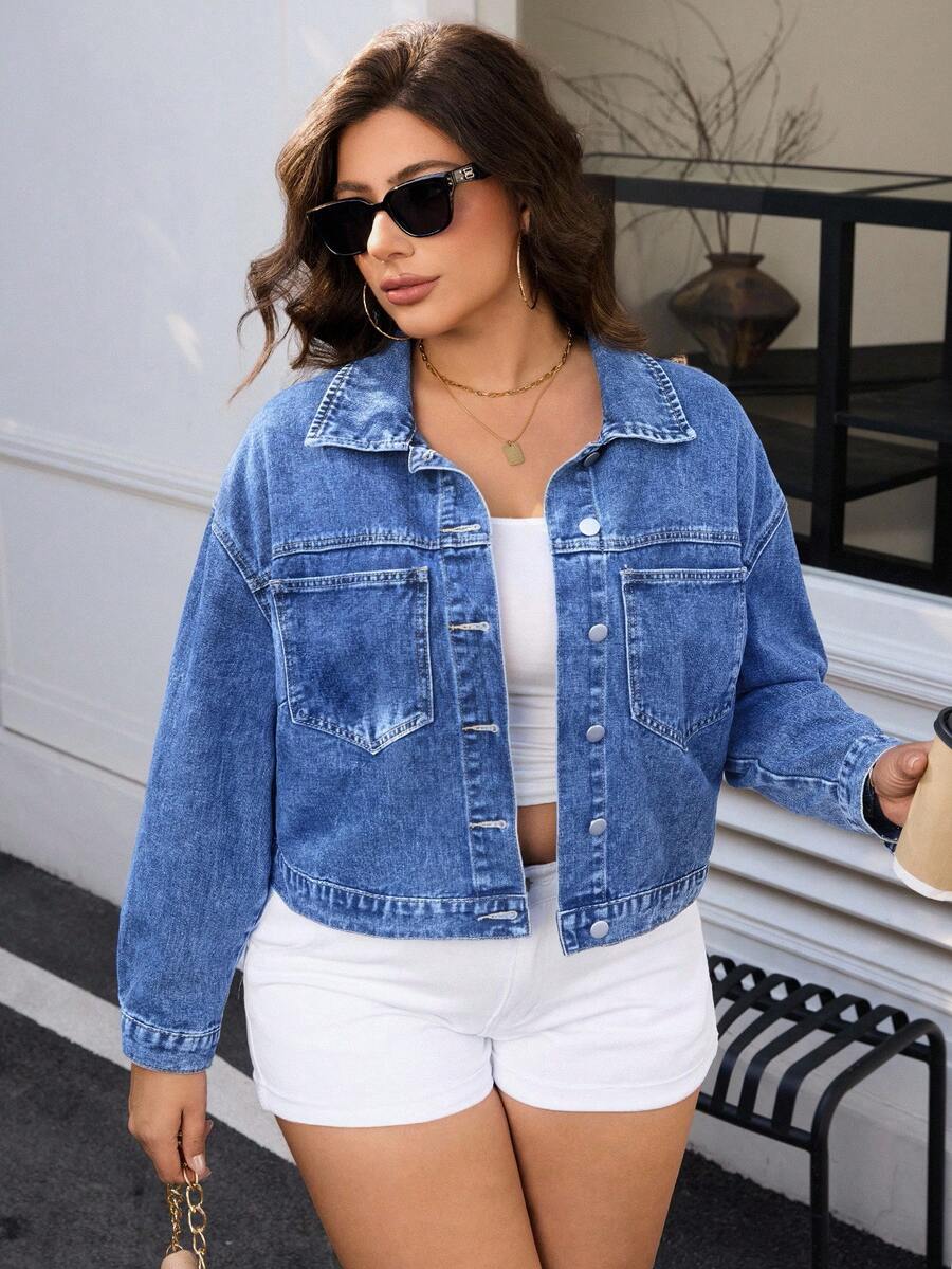 SHEIN Essnce Plus Size Casual Washed Cut-Off Denim Jacket - Blue - View 1