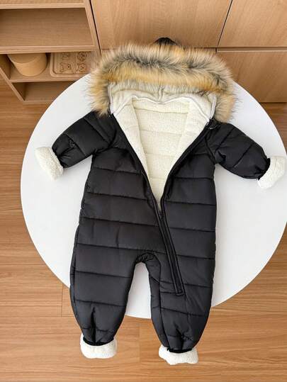 SHEIN Young Boys' Casual Comfortable Versatile Thermal Lined Thick Hooded Long Sleeve Jumpsuit, Suitable For Outdoor Activities And Snowy Weather In Winter Fall
