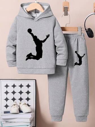 Set de 2 piezas: Sudadera con capucha gris y pantalón de punto con estampado gráfico de baloncesto, conjunto casual para niño, otoño/invierno