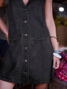 Aralina Denim Button Down Halter Neck Vintage Inspired Summer Outfits Mini Dress - Black - View 4