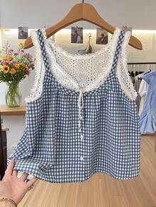 2025 女式拼布烂花刺绣前系带格子时尚背心