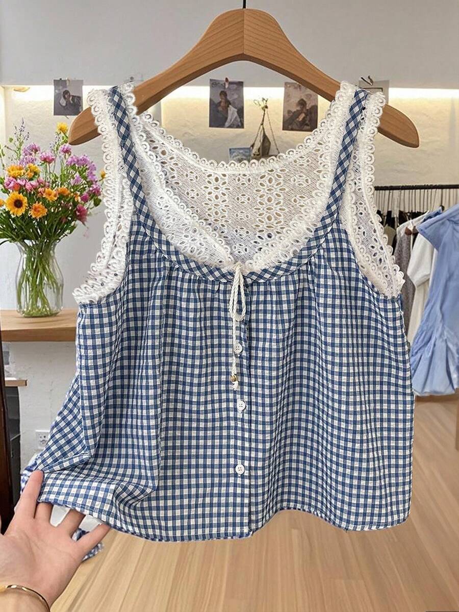 2025 女式拼布烂花刺绣前系带格子时尚背心