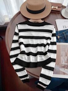 Amorya Women's Elegant V-Neck Metal Button Striped Cropped Cardigan, Suitable For Daily Commute And Various Occasions, Autumn Casual Fall Autumn - Black and White - View 7