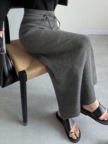 FRIFUL Women's Solid Color Elastic Waist Drawstring Decor Straight Casual Loose Knit Skirt, Airport, Autumn - Grey - View 6
