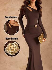 Rafferiza Women Summer Dark Brown Autumn Elegant Dining Long Maxi Dress, Off-Shoulder Hollow Shirred Cinched Waist Long Sleeve Party Graduation S - Coffee Brown - View 4