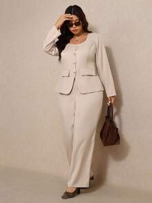 Elaquor Plus Size Elegant Solid Color Blazer And Pants Two Pieces Suit, Office Wear Classy Pant Suit Set Women Dressy Pant Suit Plus Size Two Pieces Outfit Two Pieces Pant Set Women Women Dressy Two Pieces Set Plus Size Pant Suit Beige Two Pieces Set