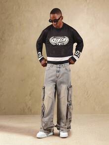 Áo thun dài tay SUMWON Crop Fit Club bằng vải lưới in họa tiết, kiểu dáng thể thao, có logo vòng nguyệt quế và chi tiết số, phong cách thường ngày. - Đen và trắng - Xem 7