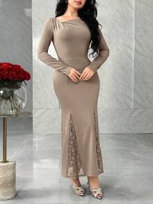 Feyla Asymmetric Asymmetrical Lace Patchwork Knit Off Shoulder Ruffle Long Sleeve Dress - Pink - View 4