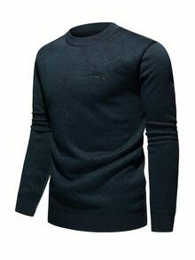 Manfinity Homme Áo len cổ tròn lót nhiệt Old Money dành cho nam, áo chui đầu dệt kim, áo lót cho mùa thu/đông - Màu xanh hải quân - Xem 3