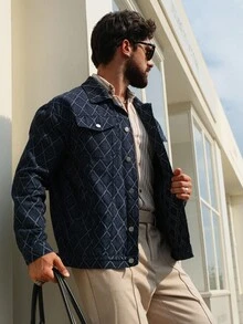 DAZY Autumn Textured Plaid Denim Fabric Men's Denim Jacket - Blue - View 4