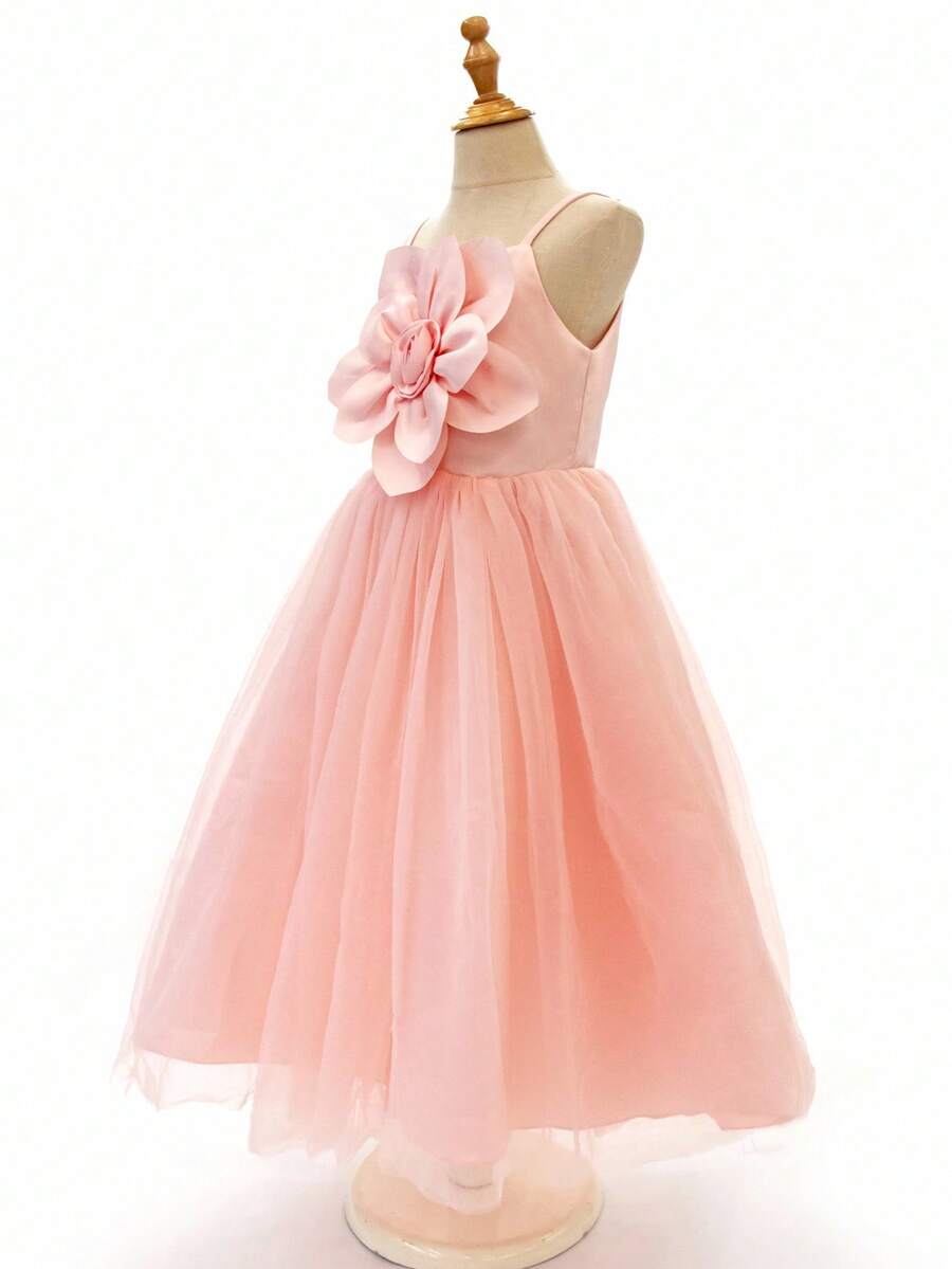 SHEIN Tween Girl Solid Color Mesh Camisole Dress - Pink - View 1