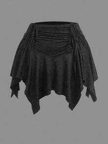 Sweetra 加大码弹性腰部前抽绳不对称下摆短裙短裤 - 深灰色 - 查看 3