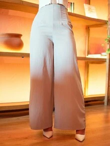 Andrea Bello Women's Casual Classic High-Waisted Wide Leg Pants, Textured, Suitable For Commuting, Back To School Season - Brown - View 4