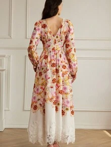 BELROSIE New Autumn Faux Linen Bamboo Knot Digital Print Lace Patchwork Sexy Deep V-Neck Long Sleeve Dress Fall Cloth For Women - Multicolor - View 2