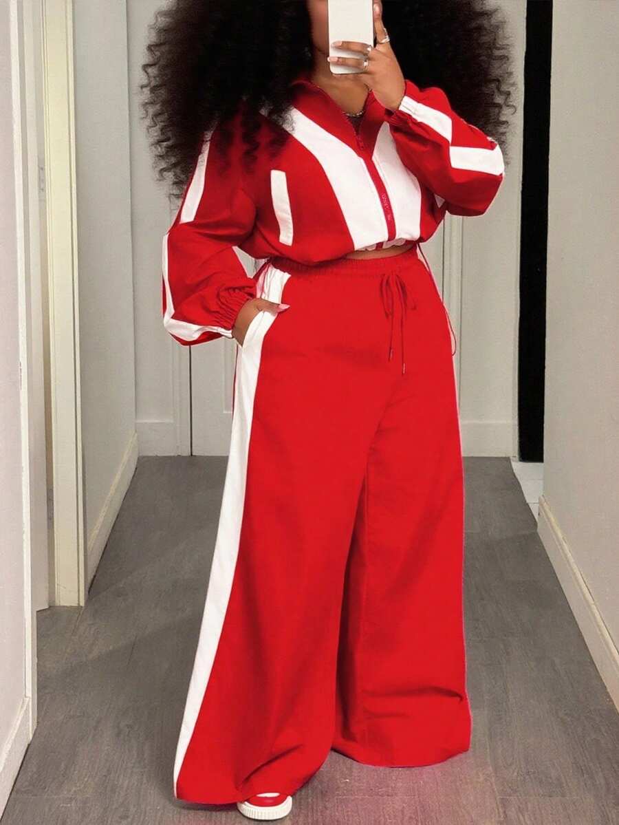 Slaydiva 2 sztuki/zestaw Plus Size Women 2025 Wiosna Jesień Swobodny Sportowy Strój Uliczny - Luźny Kontrastowy Kolor Patchwork Podzielony Hem Ściągacz Długi Rękaw Koszula Kołnierz Zamek Błyskawiczny Top I Ekstra Szerokie Nogawki Długie Spodnie, Tkanina Tkana - Czerwony i biały - Zobacz 1