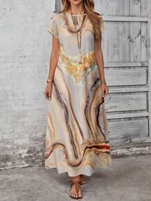 EMERY ROSE Plus Size Women Elegant Marble Texture Print Dress, Autumn,Flower/Spring/Summer/Vacation - Multicolor - View 6