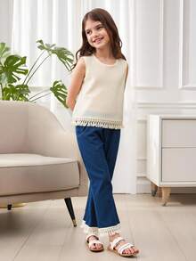 2pcs Tween Girl Cute Girl Fashion Tasseled Sleeveless Top & Denim Shorts Set, Suitable For Beach Vacation, Spring/Summer - Multicolor - View 5