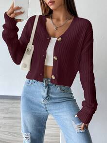 Flirla Fashionable Solid Color Drop Shoulder Long Sleeve Ribbed Cropped Cardigan