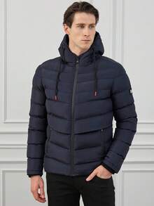 RueChic Men Zip Up Drawstring Hooded Puffer Coat - Navy Blue - View 5